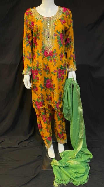 Floral Printed Mustard 3 Piece Suit